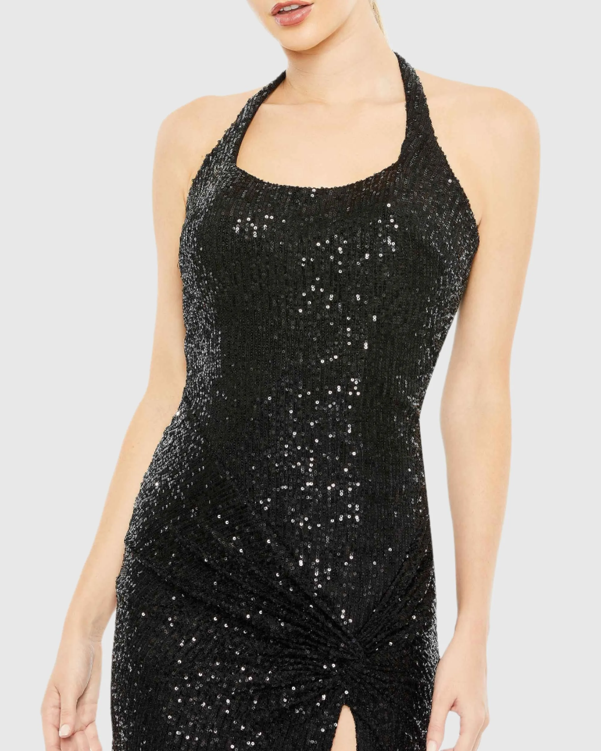 Black Sequined Halter Strap Low Side Knot Gown sold by Mac Duggal product image thumbnail 2
