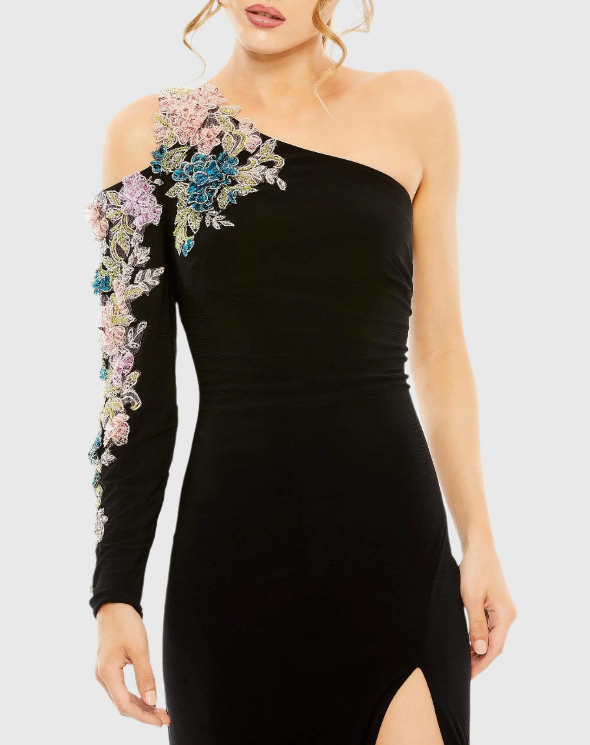 Black One Shoulder Long Sleeve Floral Embellished Gown sold by Mac Duggal product image thumbnail 2