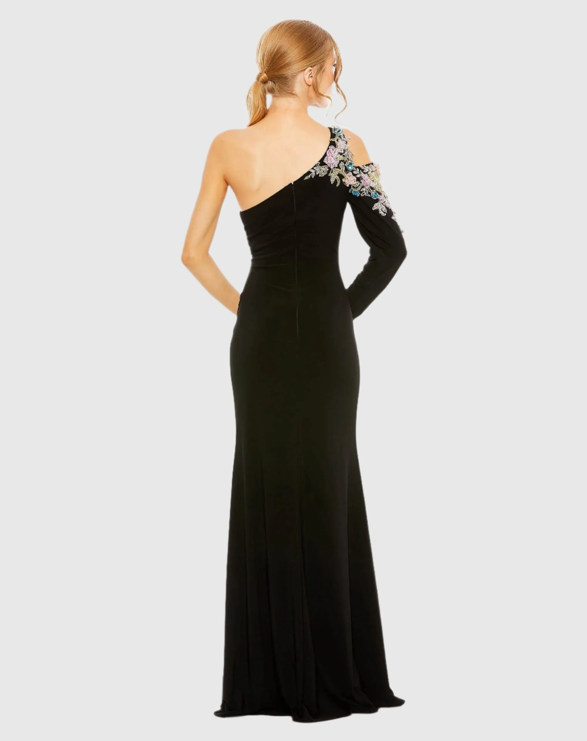 Black One Shoulder Long Sleeve Floral Embellished Gown sold by Mac Duggal product image thumbnail 3