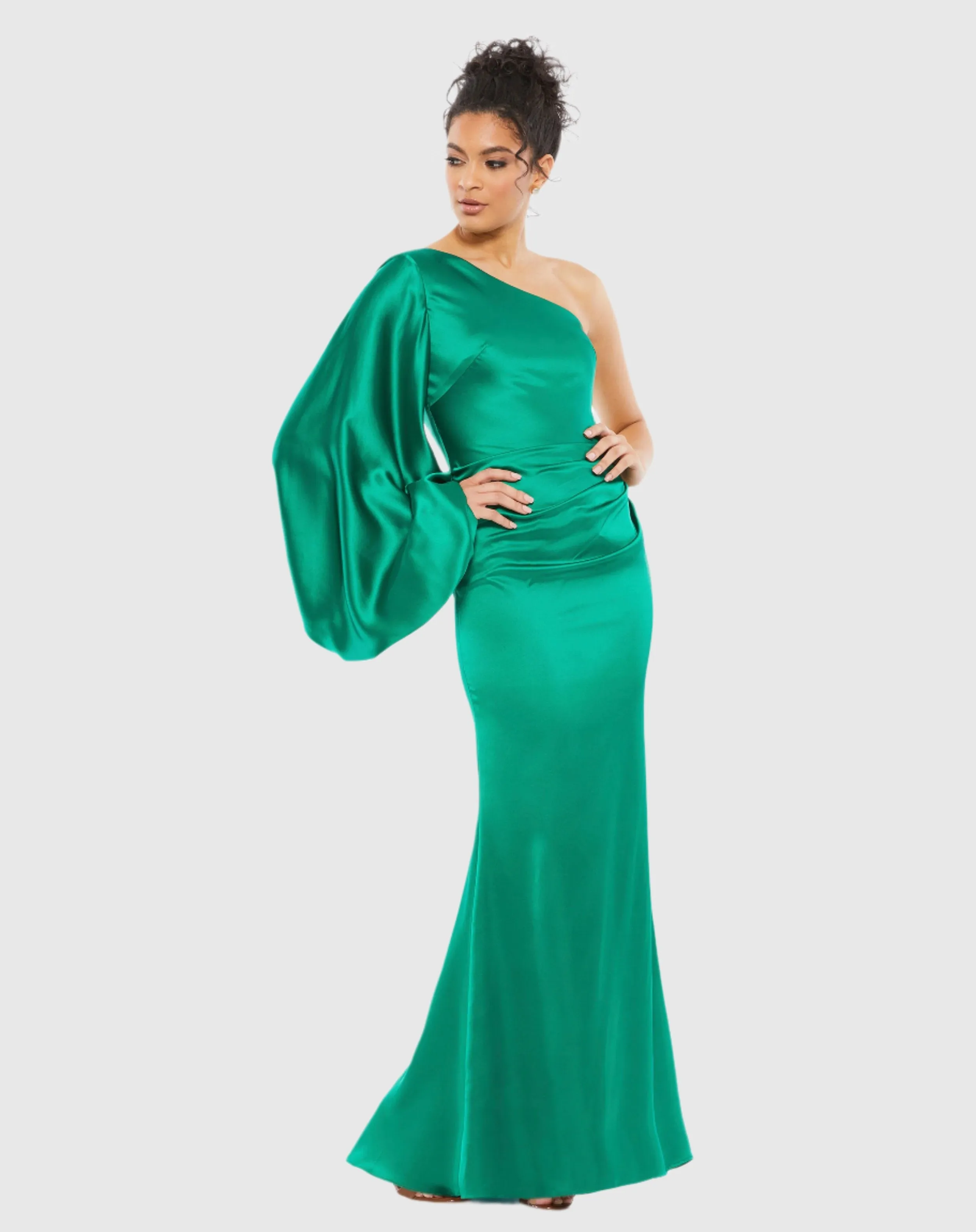 Green Satin Puff Sleeve Gown sold by Mac Duggal