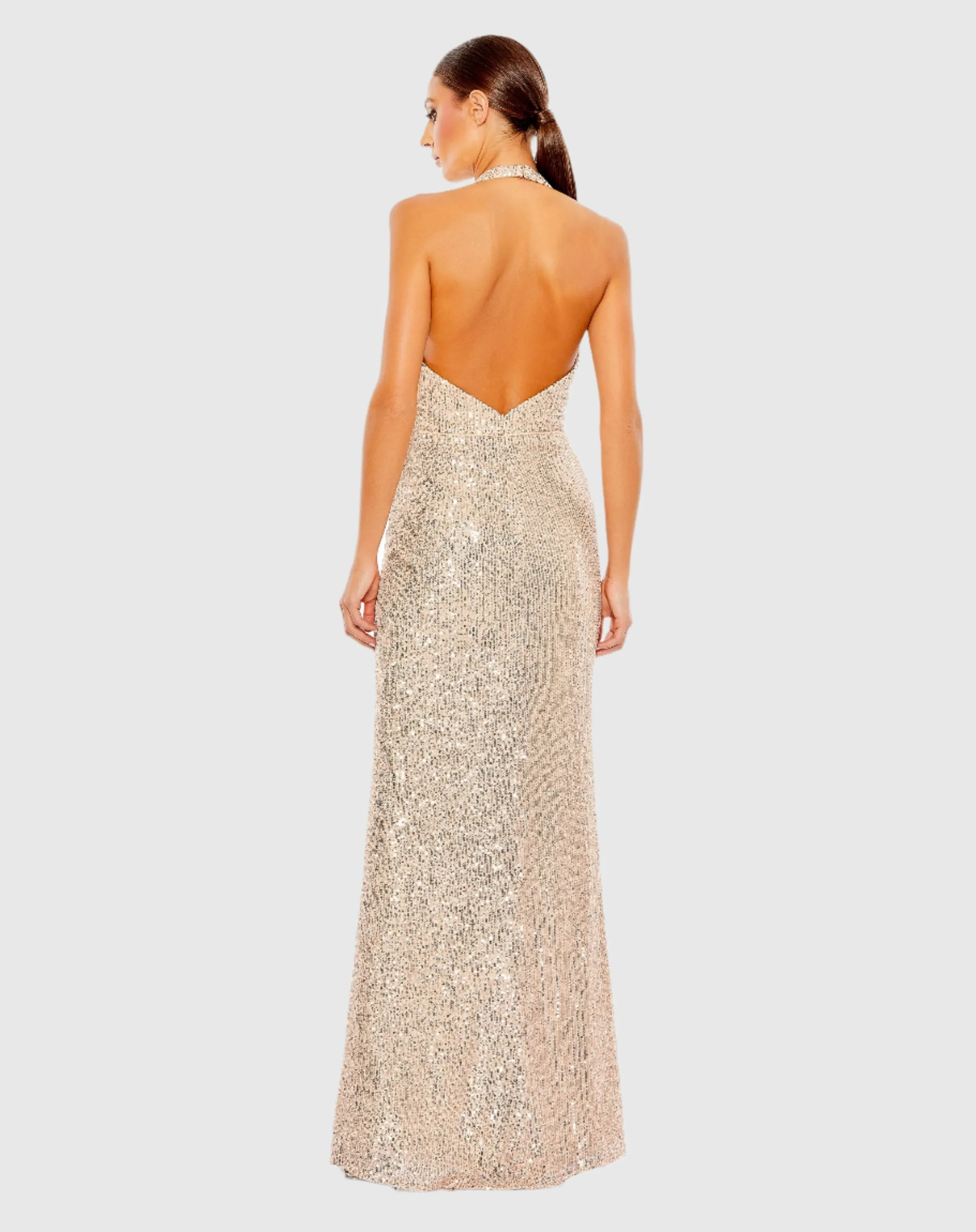 Gold Sequined Halter Strap Plunge Neck Gown sold by Mac Duggal product image thumbnail 3
