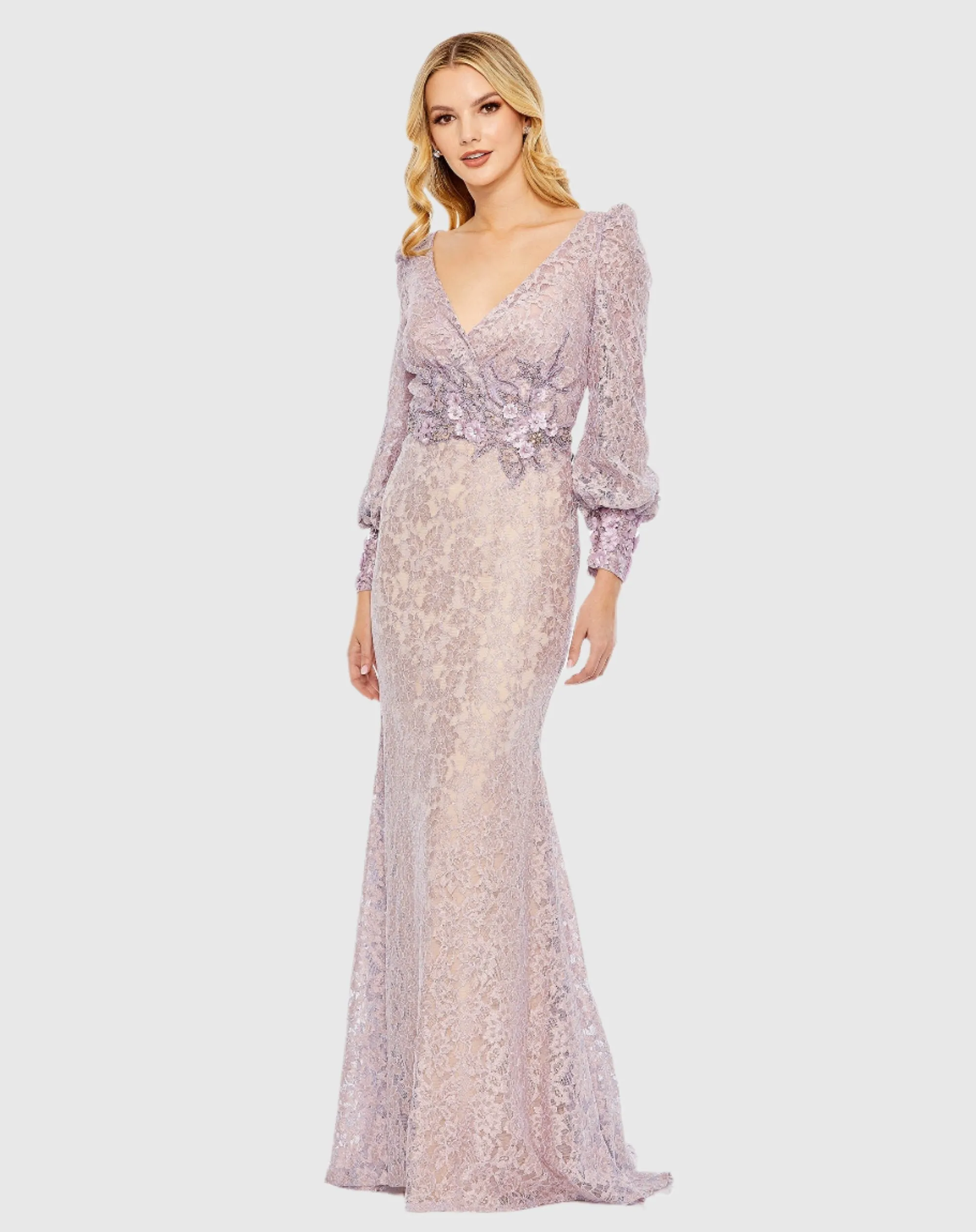 Lace Long Sleeve V Neck Embellished Gown sold by Mac Duggal