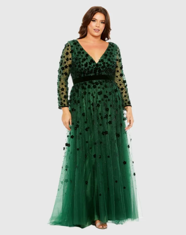 Floral Applique Long Sleeve A Line Gown sold by Mac Duggal