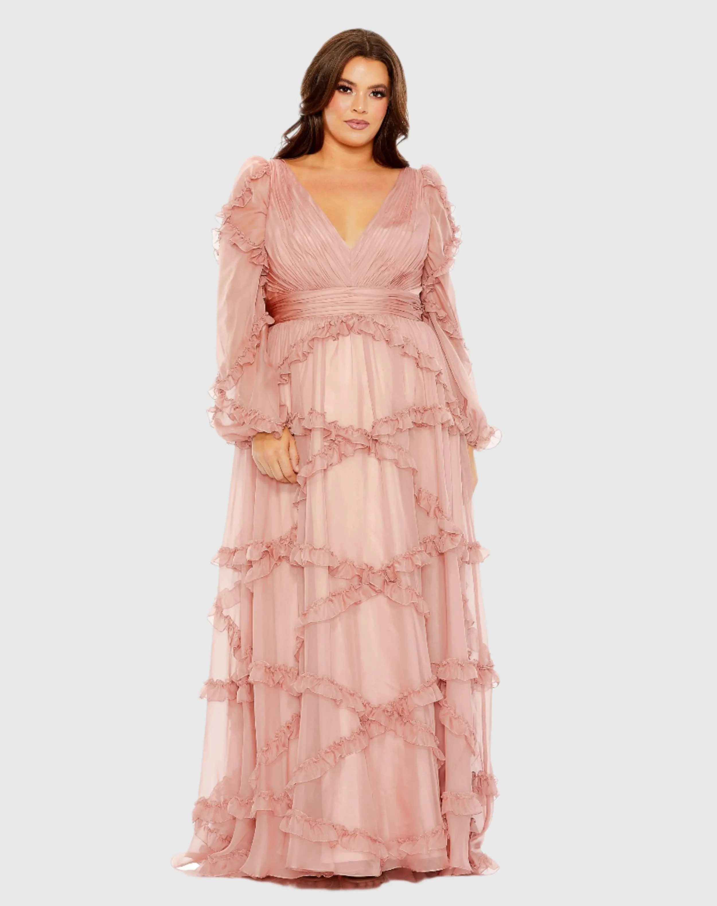 V Neck Ruffle Tiered Puff Sleeve Gown sold by Mac Duggal product image thumbnail 2