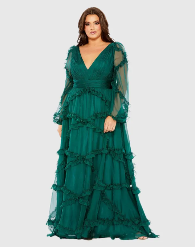 V Neck Ruffle Tiered Puff Sleeve Gown sold by Mac Duggal