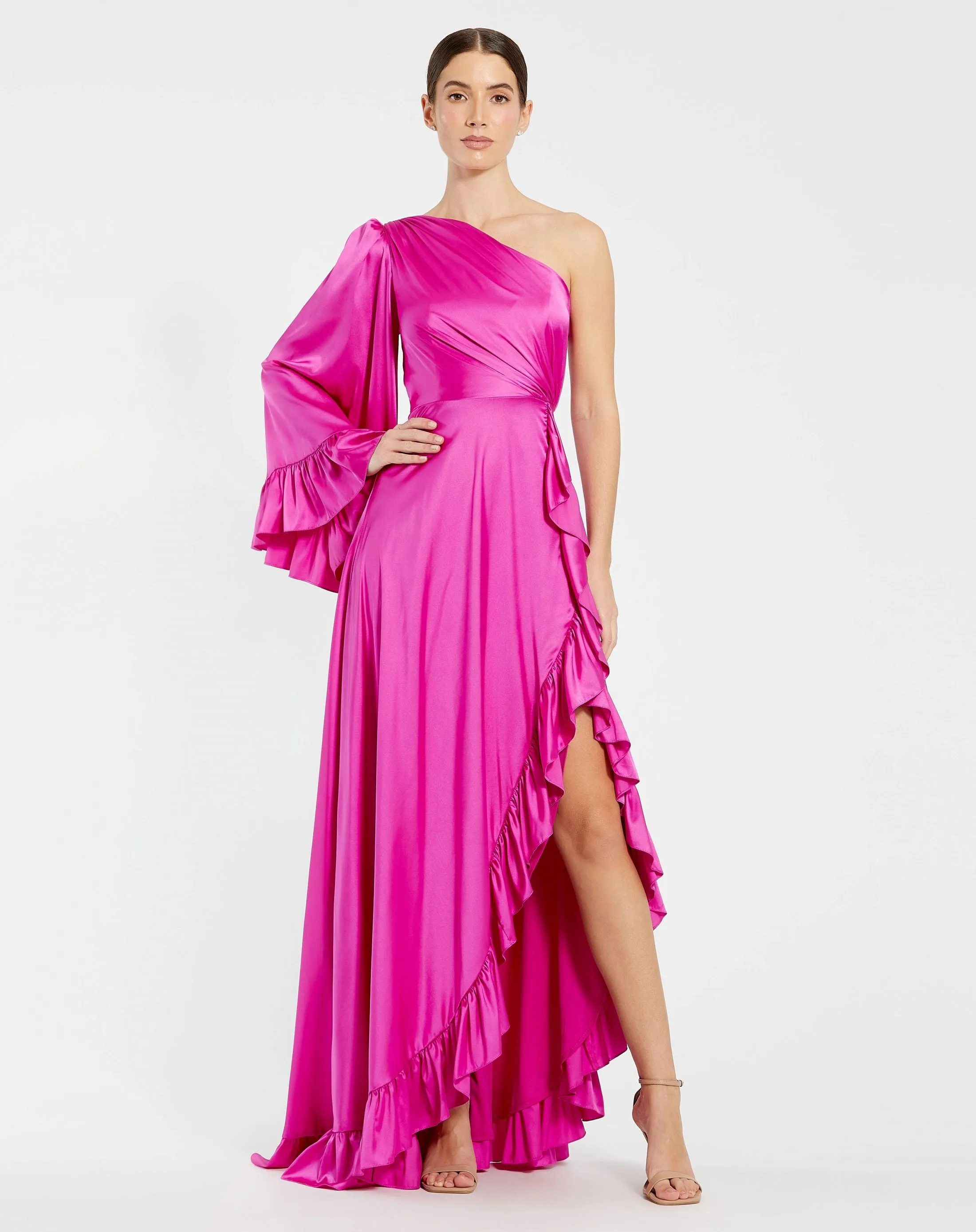 Long One Sleeve Asymmetrical Ruffle Hem Gown sold by Mac Duggal product image thumbnail 2