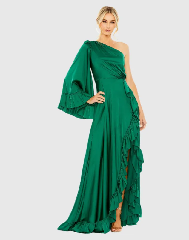 Long One Sleeve Asymmetrical Ruffle Hem Gown sold by Mac Duggal