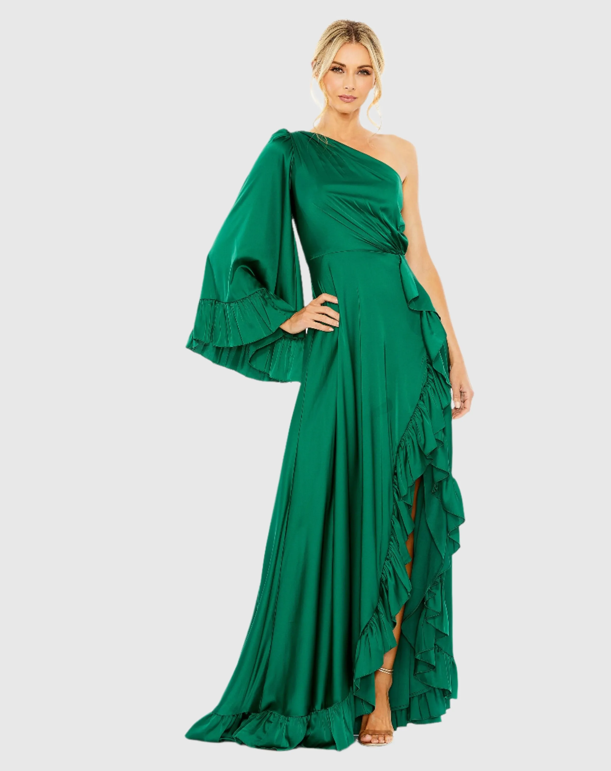Long One Sleeve Asymmetrical Ruffle Hem Gown sold by Mac Duggal