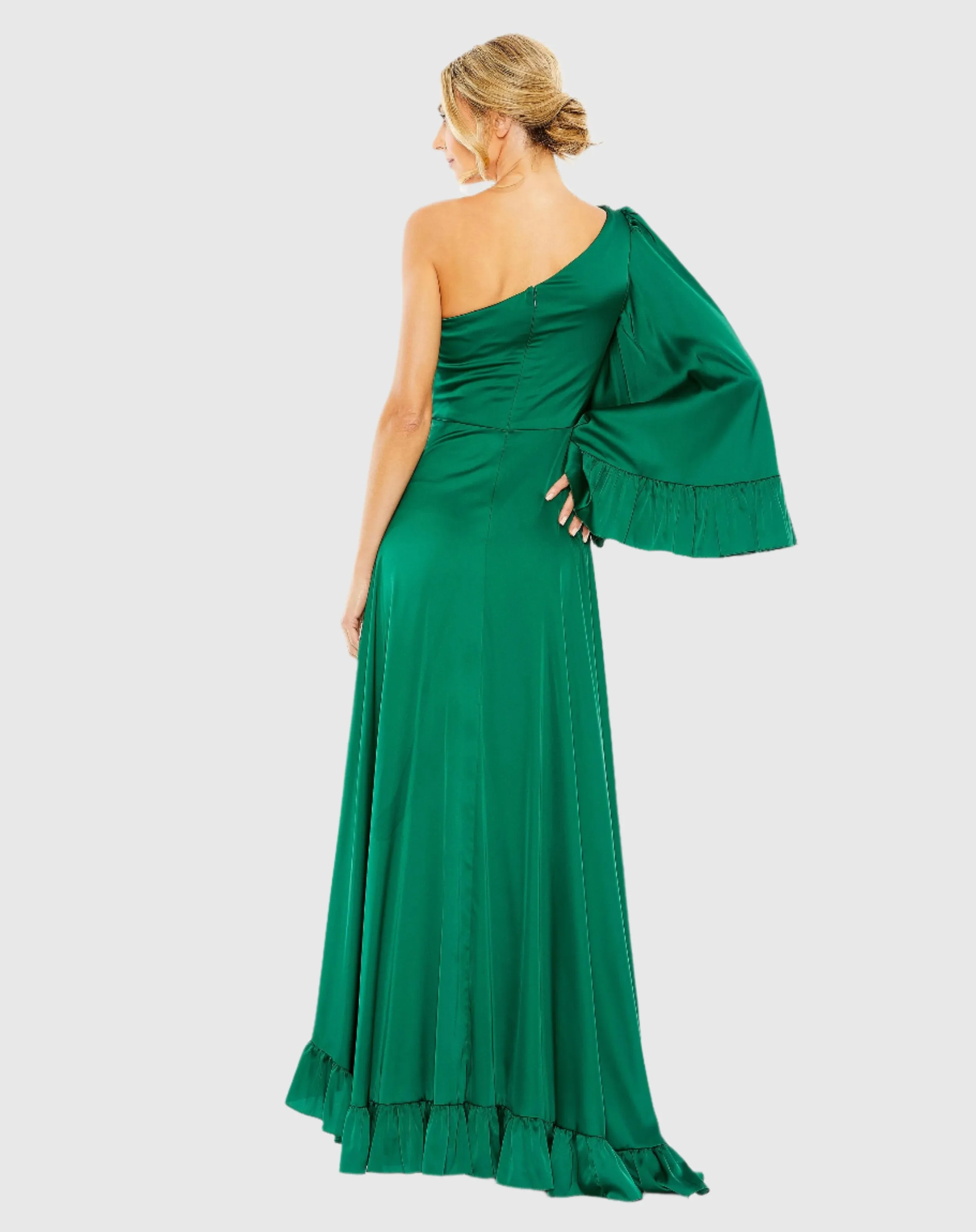 Green Long One Sleeve Asymmetrical Ruffle Hem Gown sold by Mac Duggal product image thumbnail 3