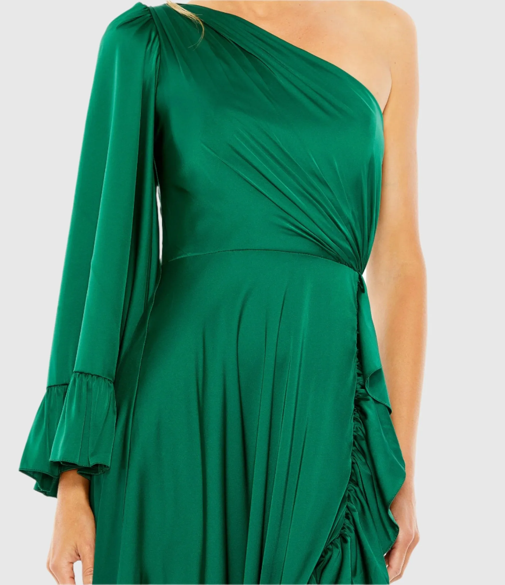 Green Long One Sleeve Asymmetrical Ruffle Hem Gown sold by Mac Duggal product image thumbnail 2