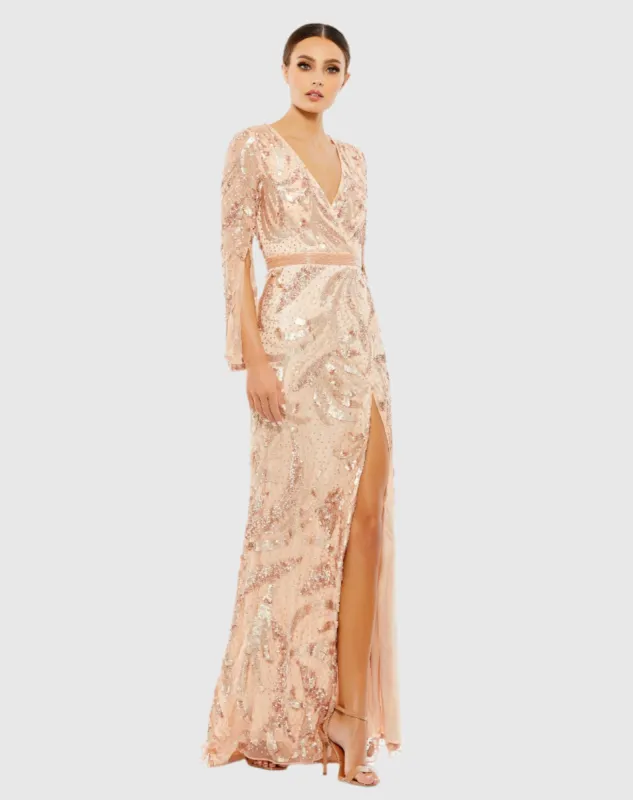 Sequined Faux Wrap Split Long Sleeve Gown sold by Mac Duggal