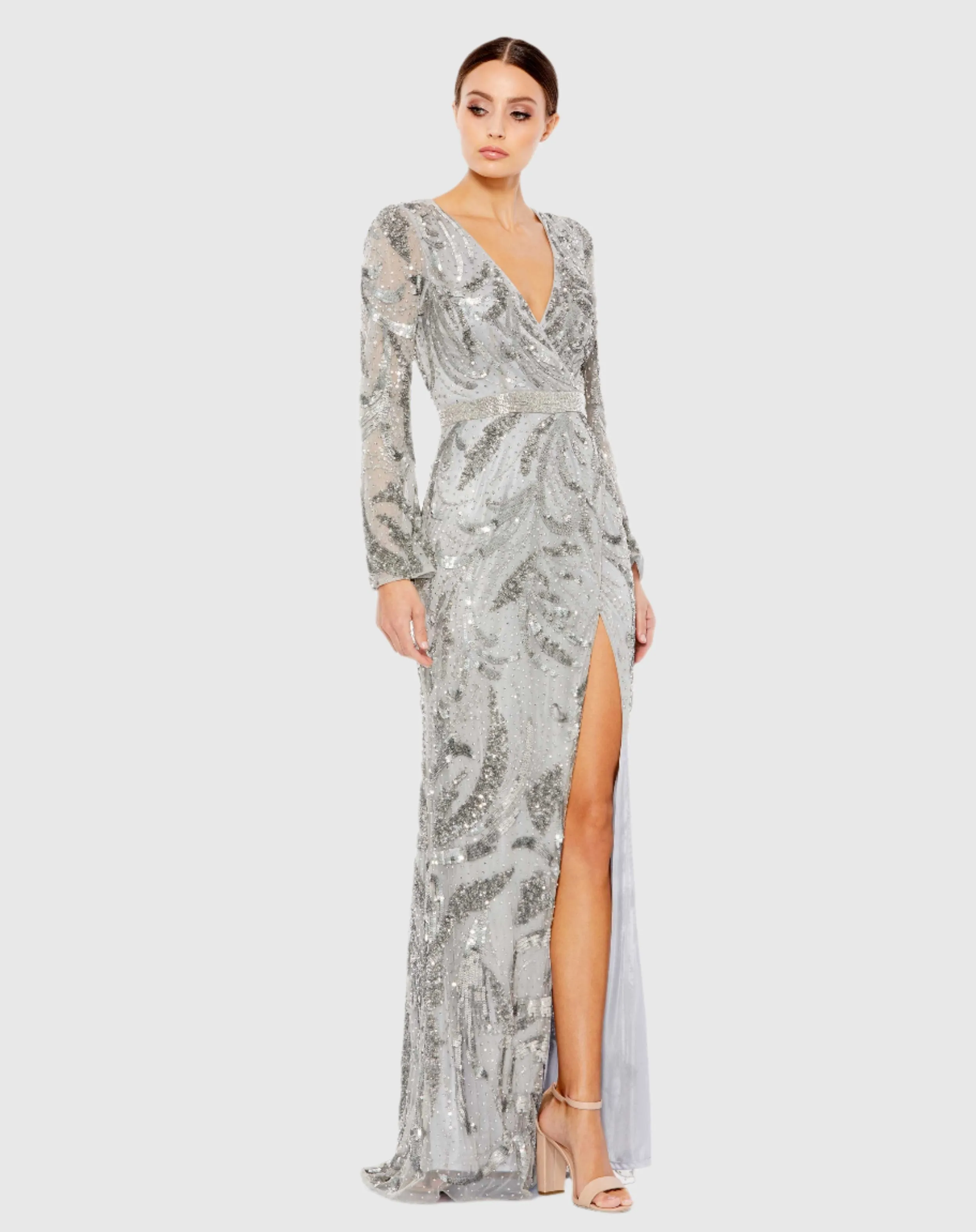 Sequined Faux Wrap Split Long Sleeve Gown sold by Mac Duggal product image thumbnail 2