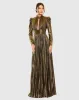 Long Sleeve Keyhole Neck Heat Pleat Metallic Gown sold by Mac Duggal