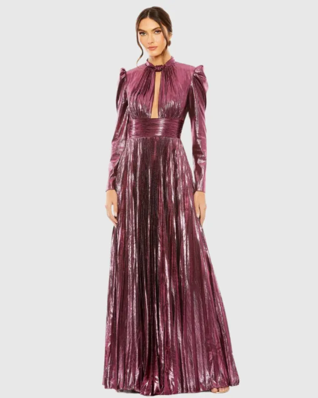 Long Sleeve Keyhole Neck Heat Pleat Metallic Gown sold by Mac Duggal