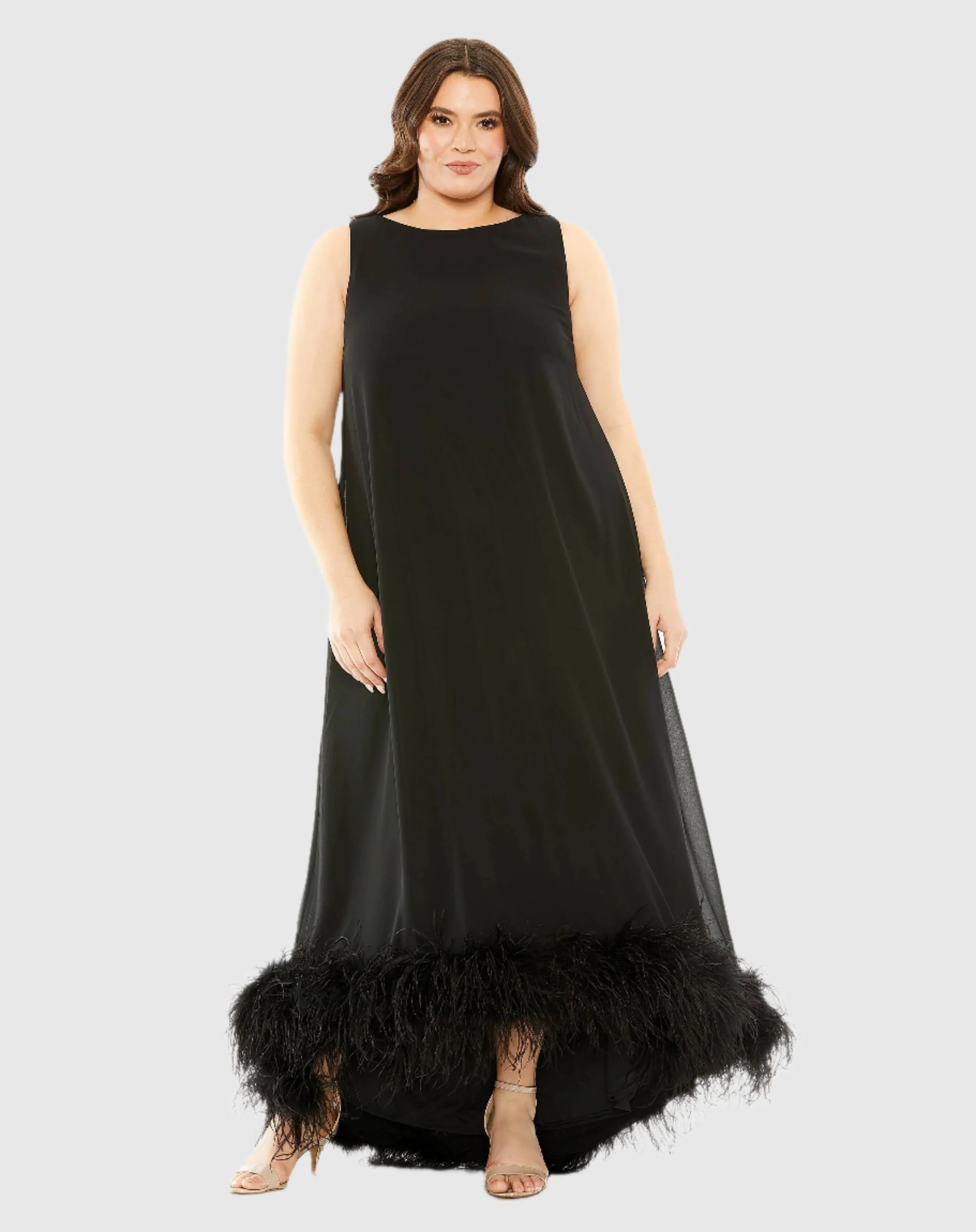 Black High Neck Feather Hem Gown sold by Mac Duggal