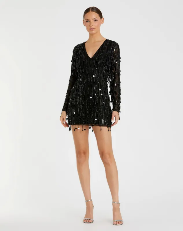 Long Sleeve Beaded Fringe Plunge Neck Dress sold by Mac Duggal