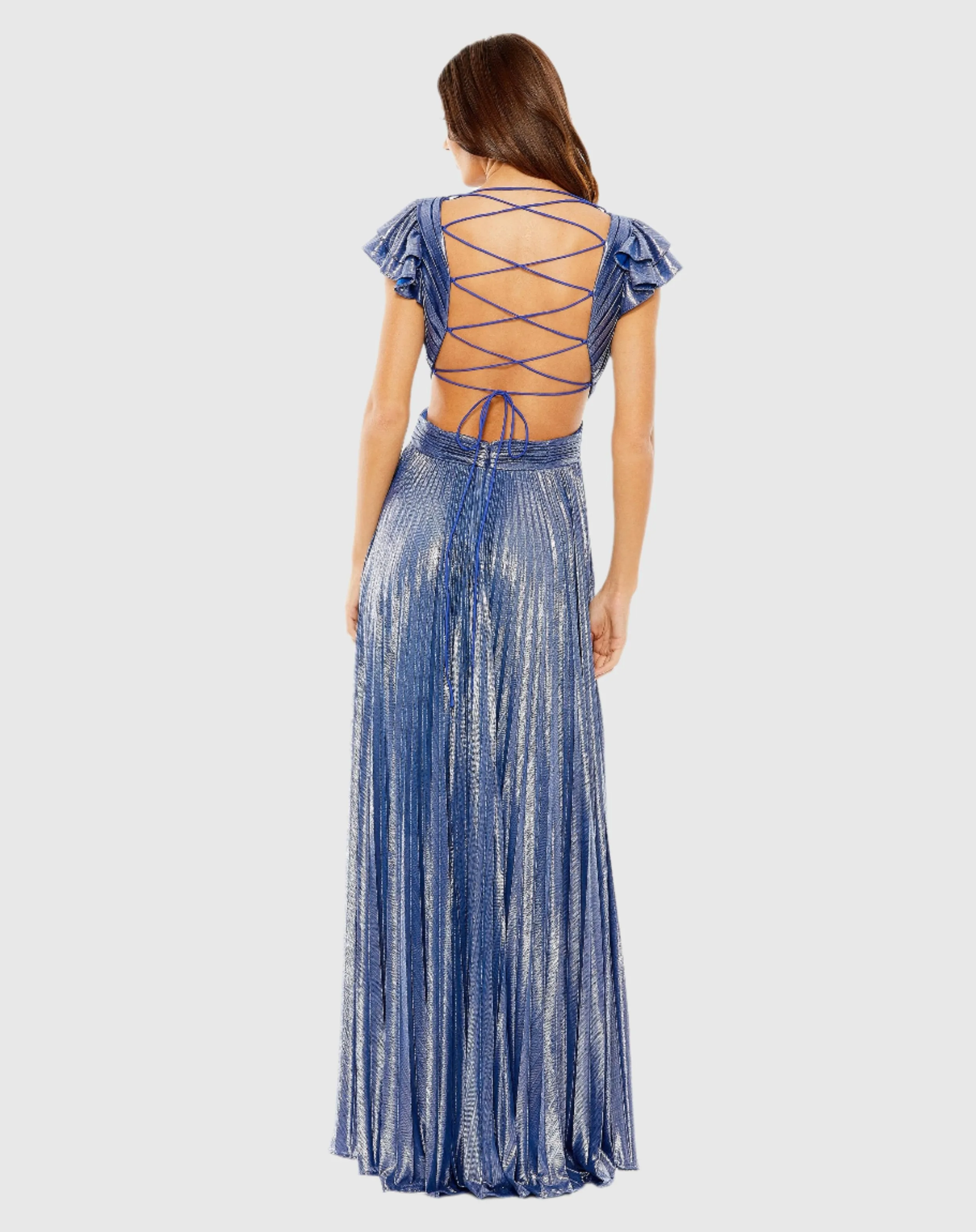 Blue Ruffle Sleeve Cutout Pleated Metallic Gown - FINAL SALE sold by Mac Duggal product image thumbnail 3