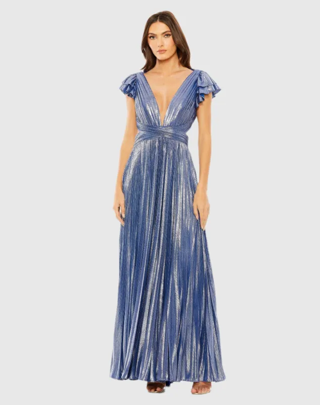 Blue Ruffle Sleeve Cutout Pleated Metallic Gown sold by Mac Duggal