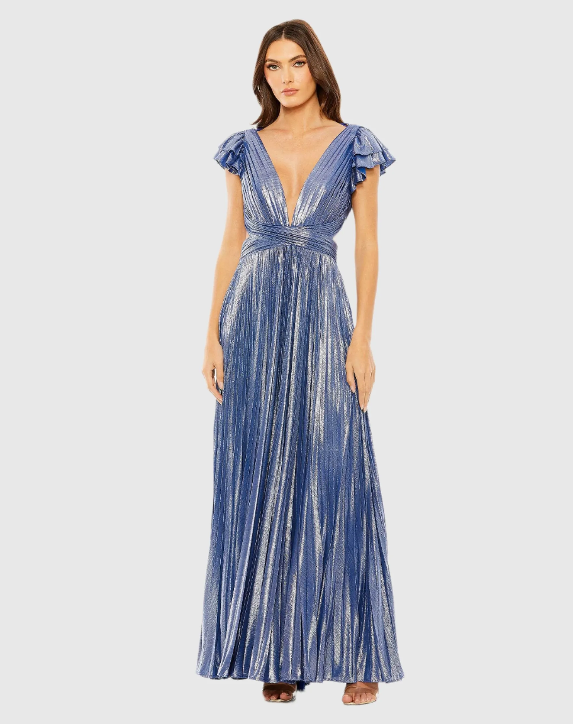 Blue Ruffle Sleeve Cutout Pleated Metallic Gown - FINAL SALE sold by Mac Duggal
