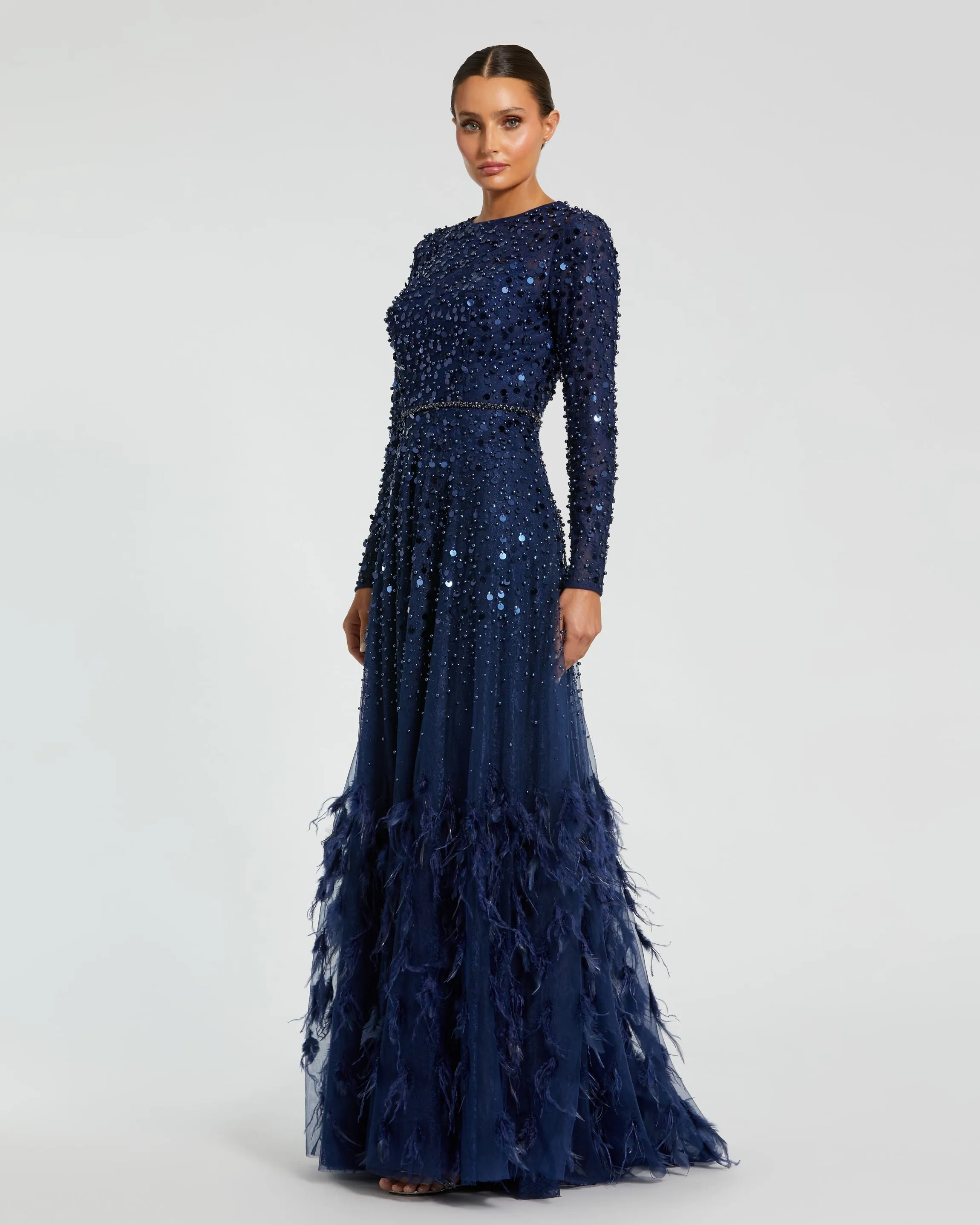 Navy Disc Embellished Sequin Gown with Feather Detail sold by Mac Duggal product image thumbnail 3