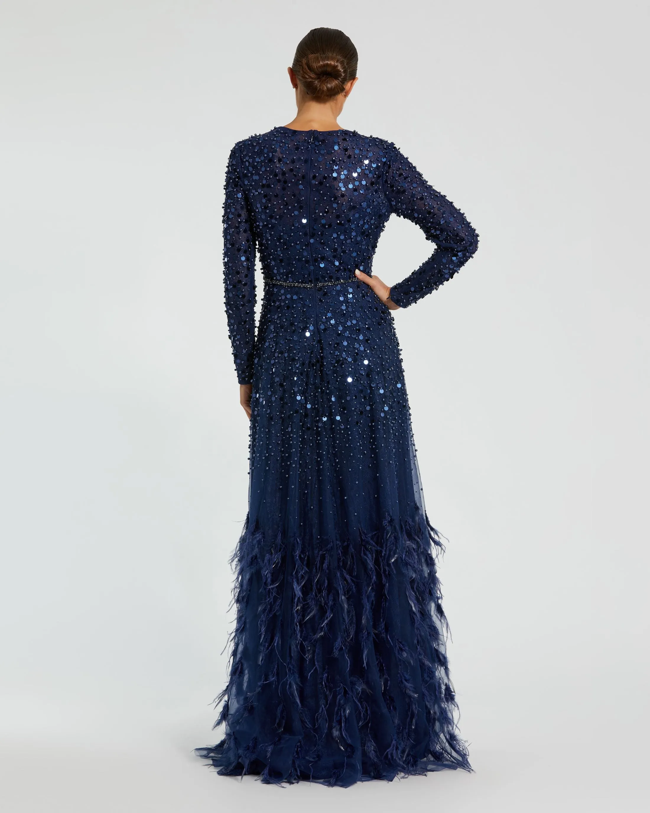 Navy Disc Embellished Sequin Gown with Feather Detail sold by Mac Duggal product image thumbnail 4