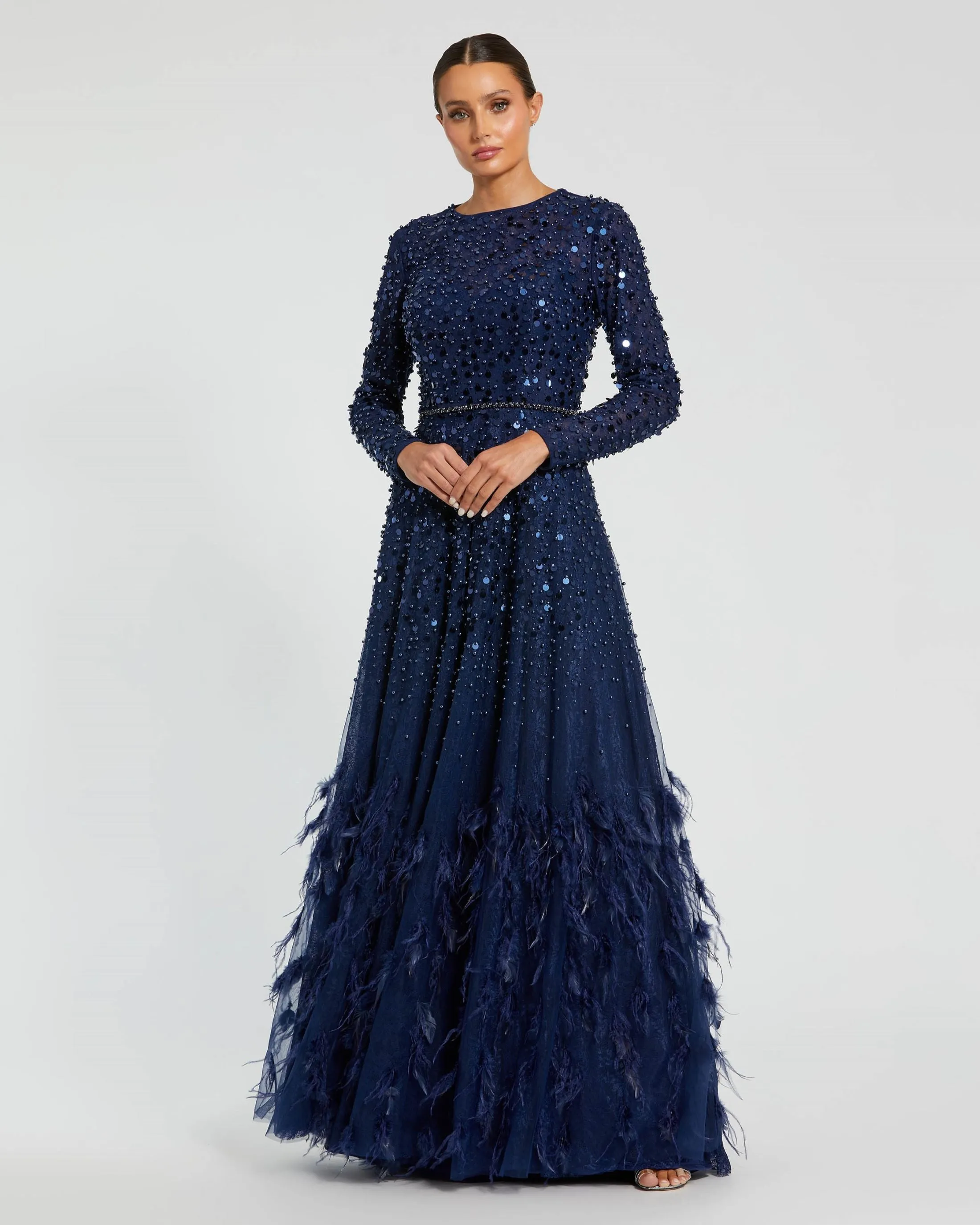 Navy Disc Embellished Sequin Gown with Feather Detail sold by Mac Duggal