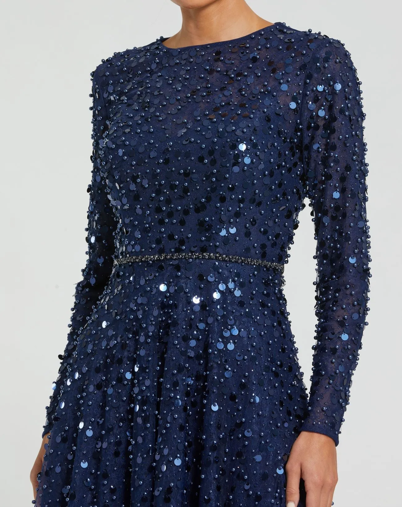 Navy Disc Embellished Sequin Gown with Feather Detail sold by Mac Duggal product image thumbnail 2