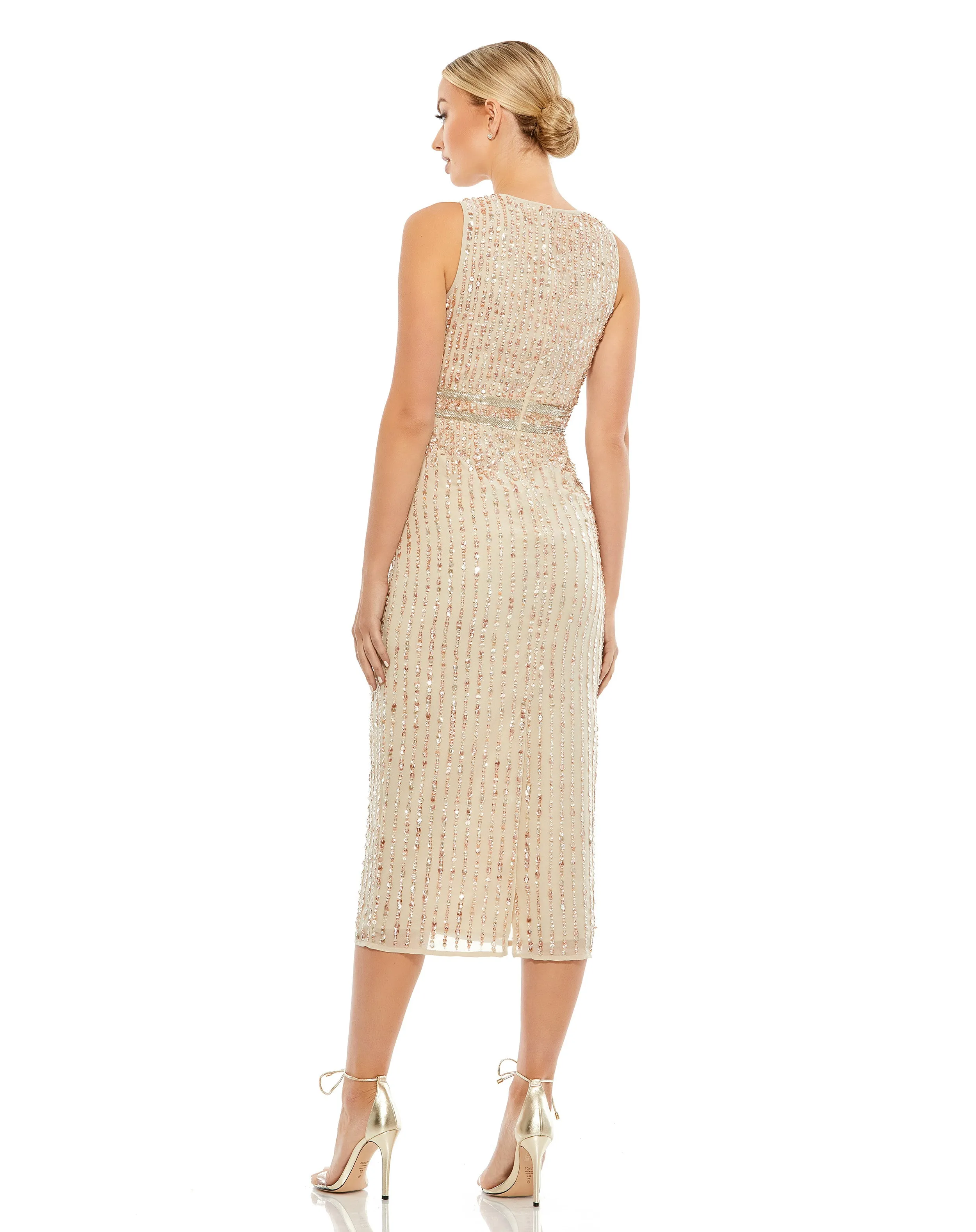 Beige Sequined Sleeveless V-Neck Midi Sheath Dress sold by Mac Duggal product image thumbnail 2