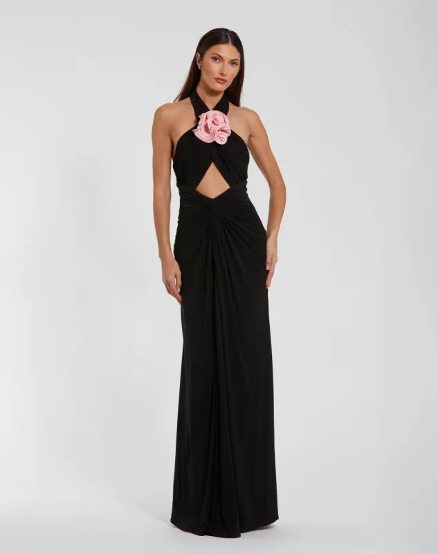 Black Jersey Crossover Halter Neck Gown With 3D Flower sold by Mac Duggal