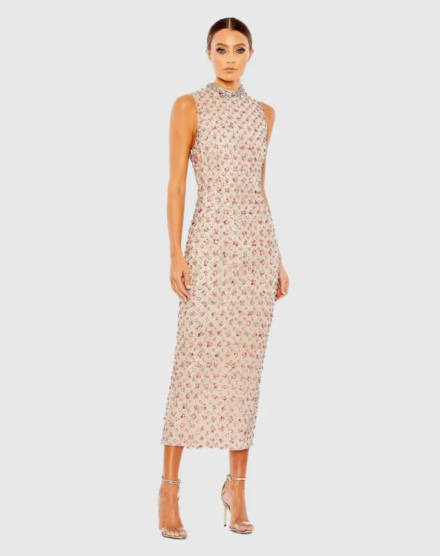 Pink Embellished High Neck Sleeveless Column Dress sold by Mac Duggal