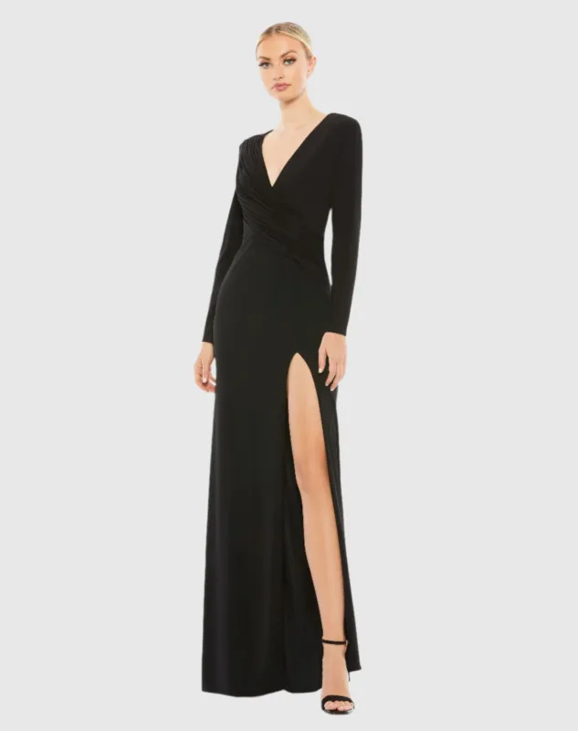 Black Jersey Long Sleeve Asymmetrical Ruched Gown sold by Mac Duggal