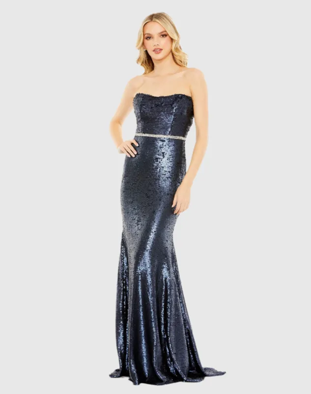 Navy Sequined Strapless Rhinestone Belt Gown sold by Mac Duggal