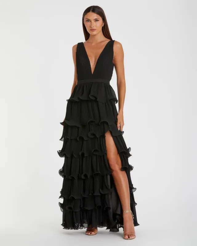 Sleeveless Ruffle Tiered V Neck Gown sold by Mac Duggal