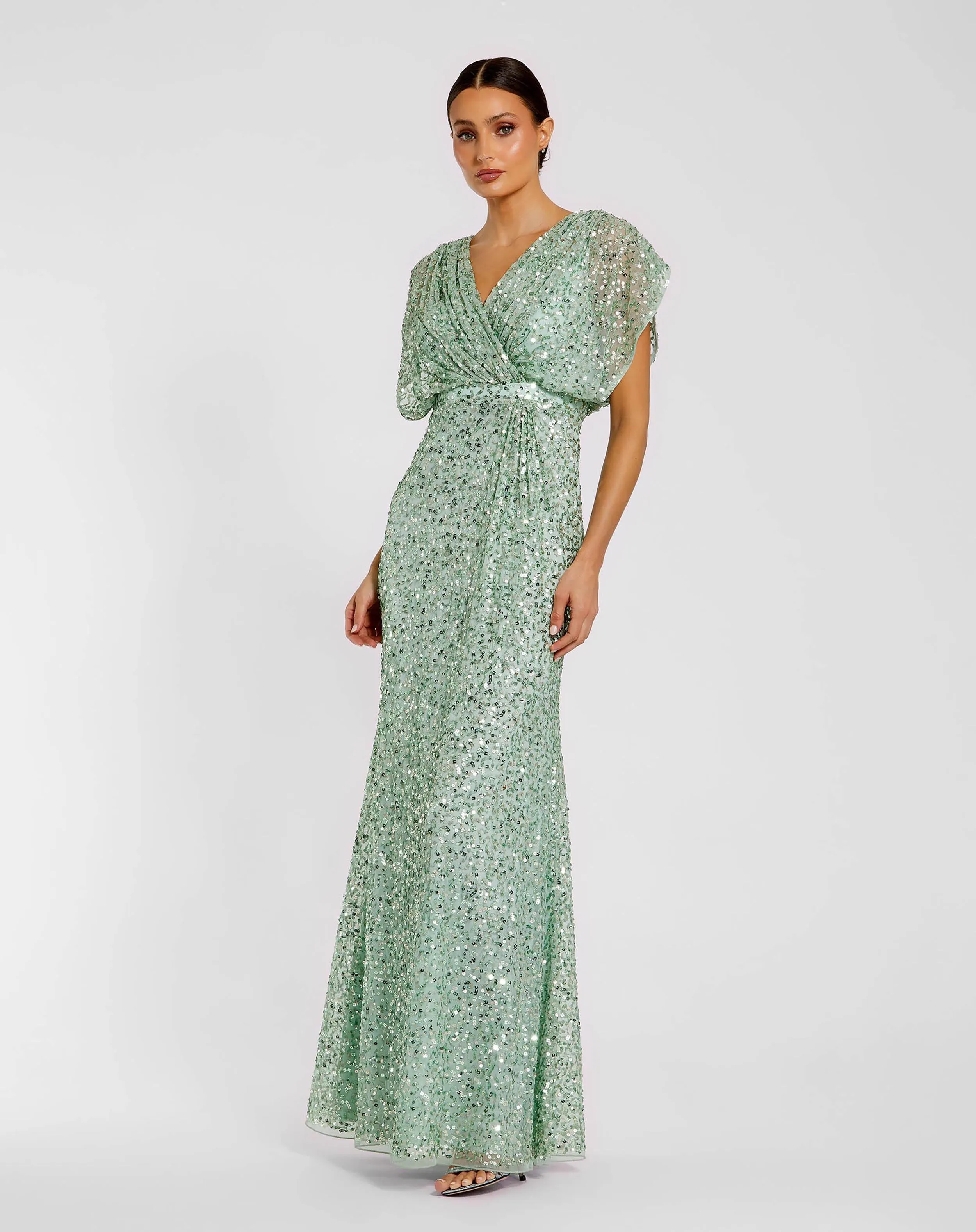 Green Draped Sleeve V Neck Gown sold by Mac Duggal