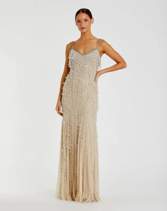 Beige V-Neck Column Gown with Fringe Embellishments sold by Mac Duggal