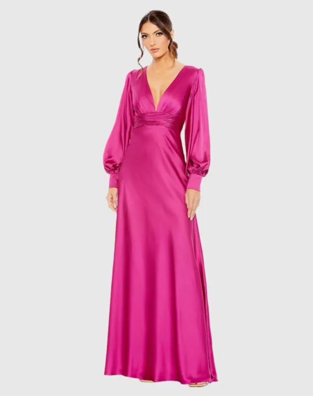 Pink Charmeuse Bishop Sleeve V Neck Gown - FINAL SALE sold by Mac Duggal