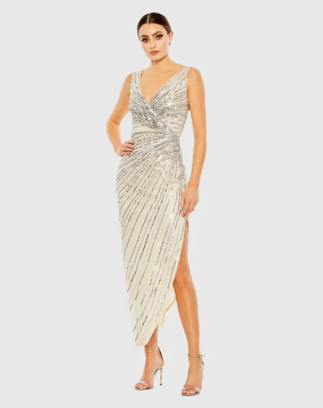 Silver Sequined Faux Wrap Sleeveless Midi Dress sold by Mac Duggal