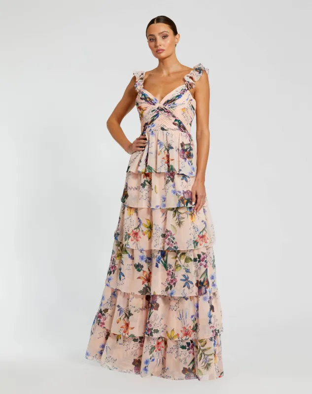 Pink Ruffle Sleeveless Chiffon Tiered Floral Print Gown sold by Mac Duggal