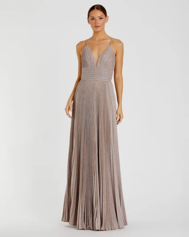 Shimmer Pleated V-Neck Gown sold by Mac Duggal