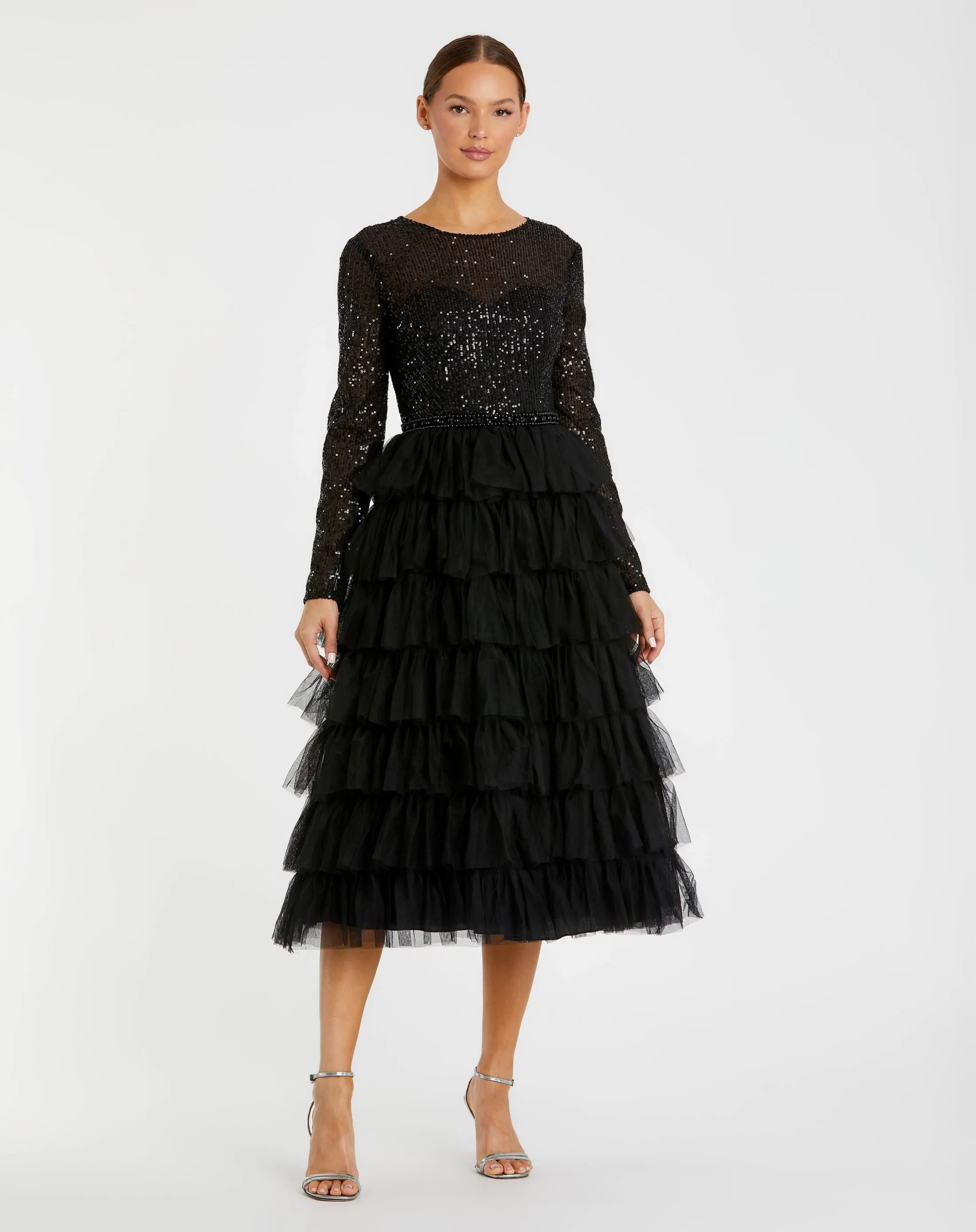 Long Sleeve Ruffle Tiered Midi Dress sold by Mac Duggal