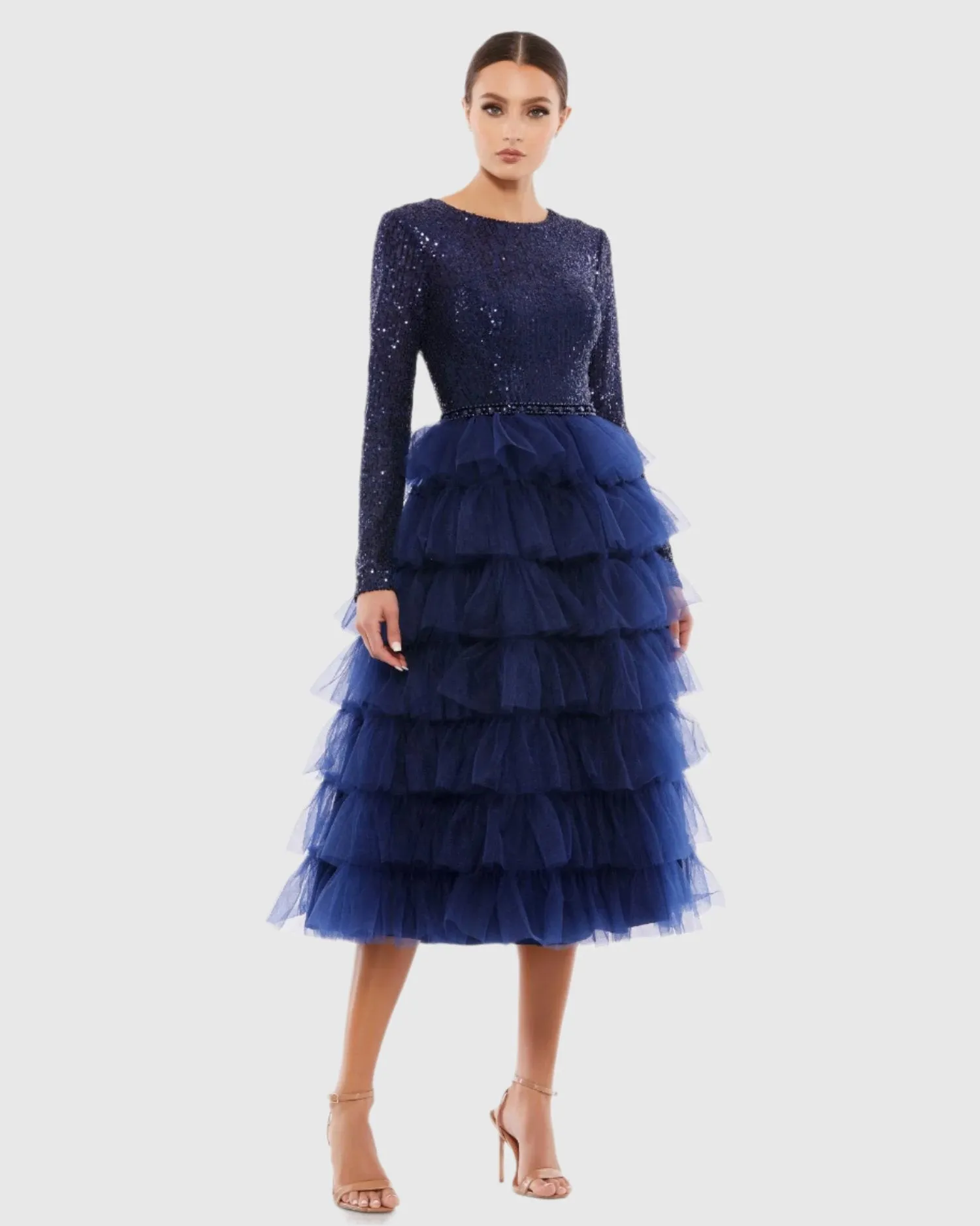 Long Sleeve Ruffle Tiered Midi Dress sold by Mac Duggal product image thumbnail 3