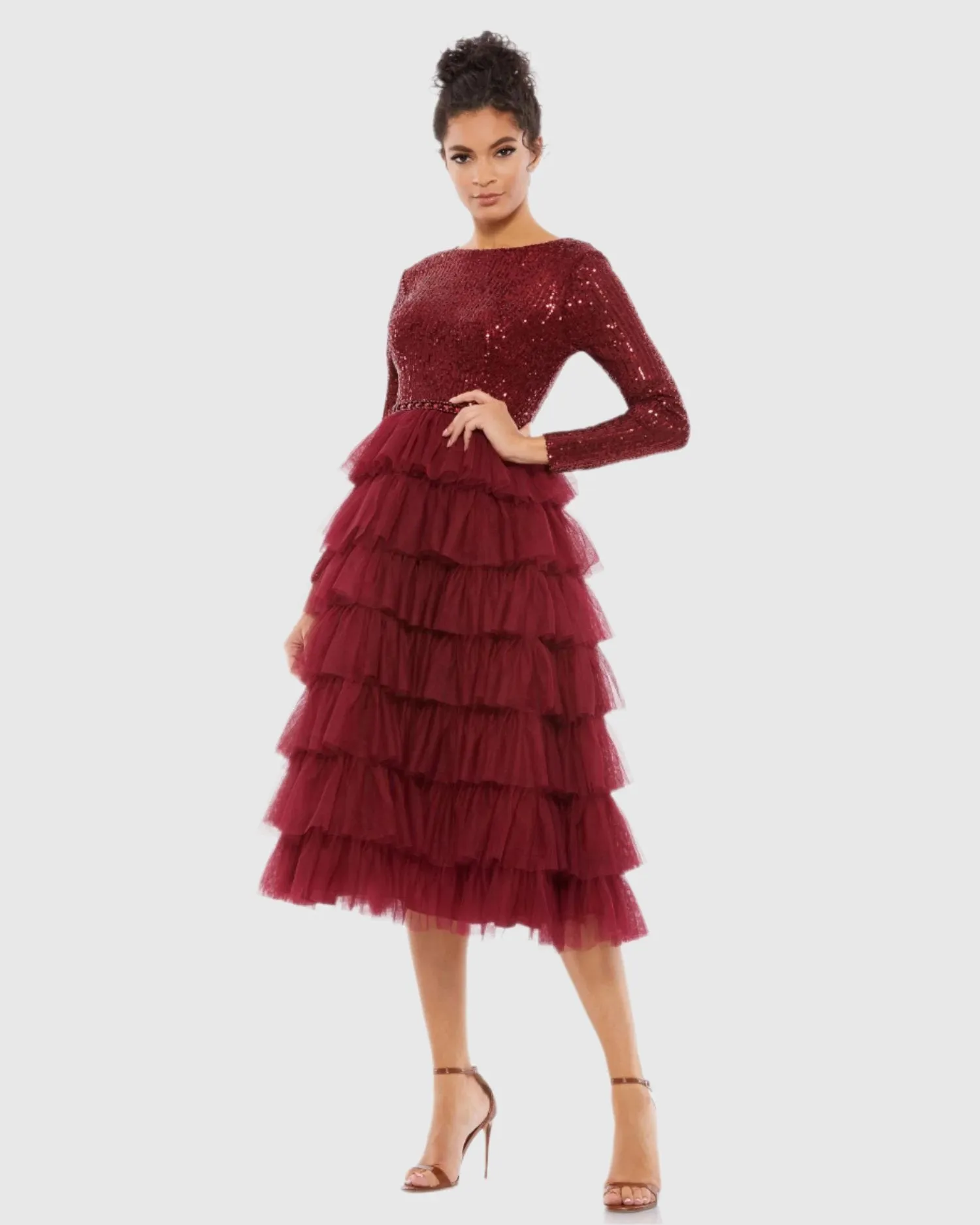 Long Sleeve Ruffle Tiered Midi Dress sold by Mac Duggal product image thumbnail 2