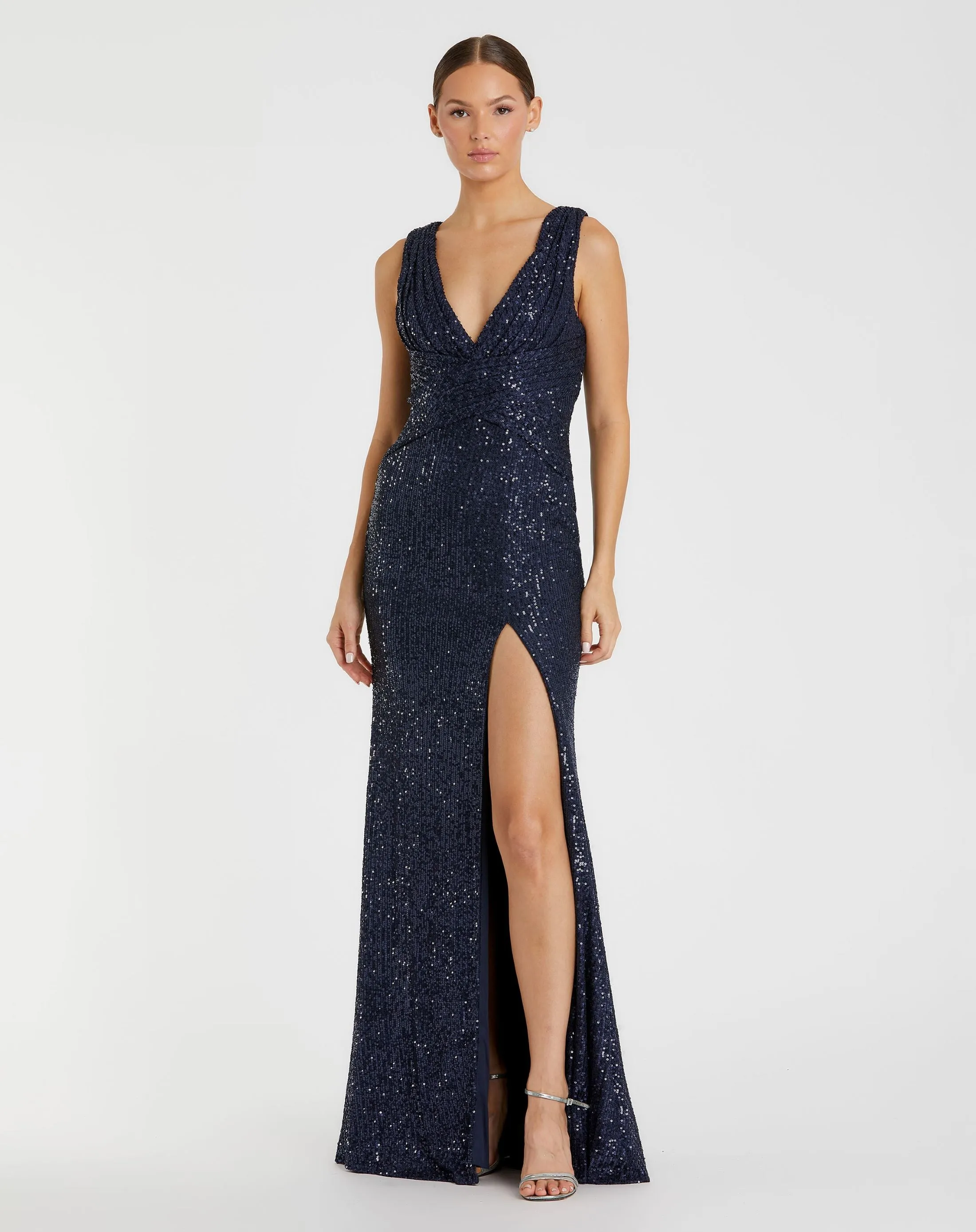 V-Neck Sequin Wrap Waist Gown sold by Mac Duggal