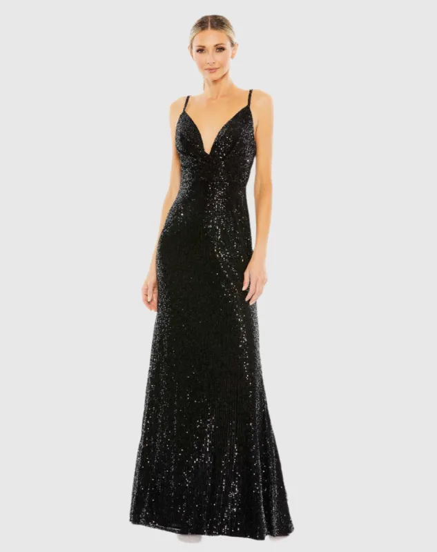 Black Sequined Draped V Neck Gown sold by Mac Duggal