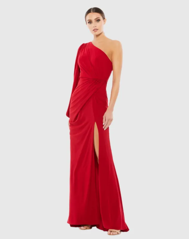 Red One Shoulder Puff Sleeve Faux Wrap Gown sold by Mac Duggal