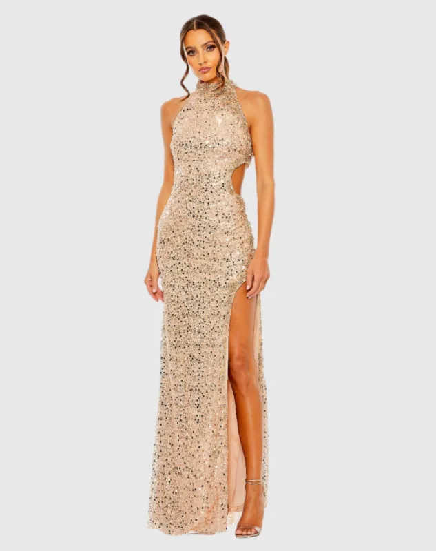 Side Cut Out High Neck Sequin Gown sold by Mac Duggal
