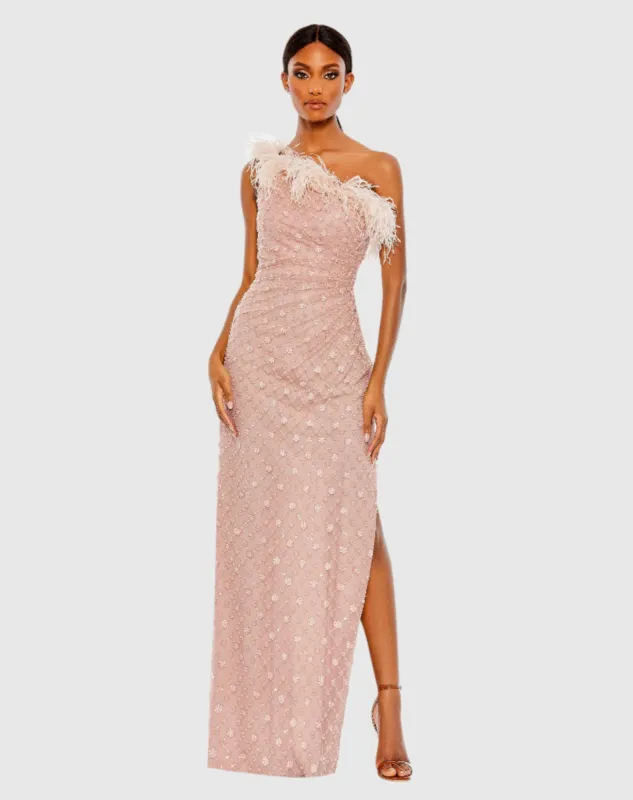 Embellished One Shoulder Gown w/ Ostrich Feathers sold by Mac Duggal