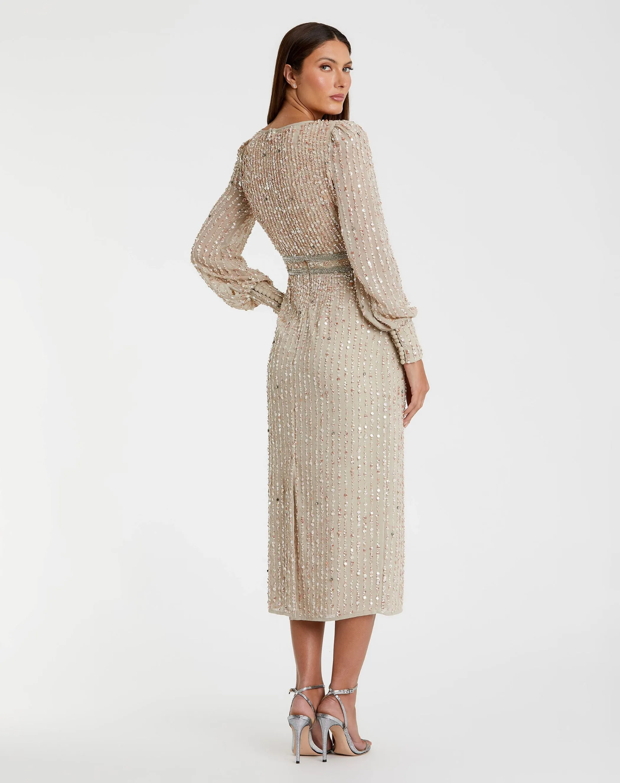 Beige Sequined V Neck Bishop Sleeve Dress sold by Mac Duggal product image thumbnail 3
