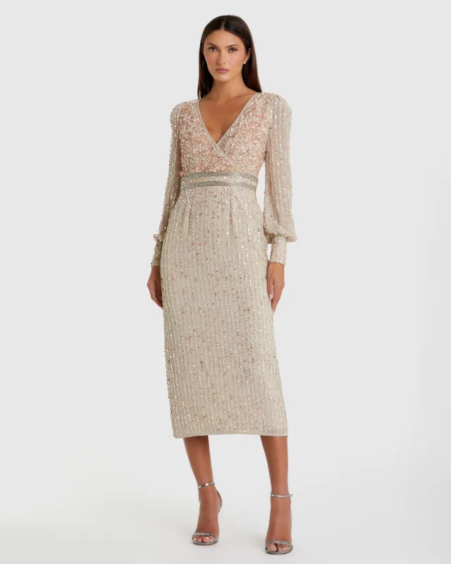 Beige Sequined V Neck Bishop Sleeve Dress sold by Mac Duggal