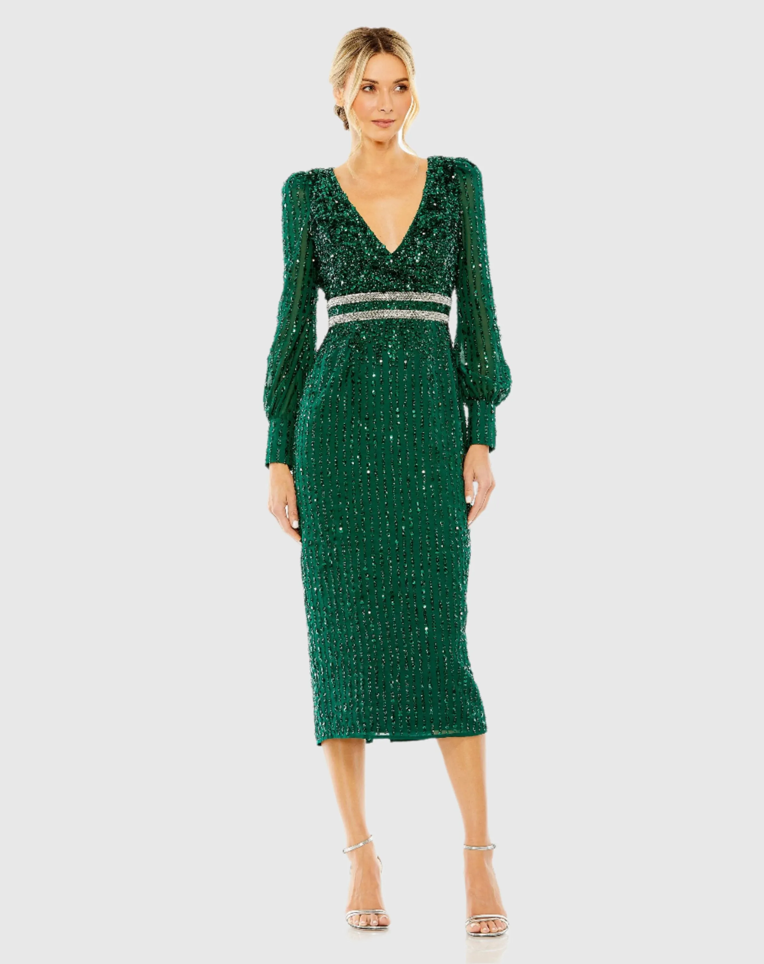 Green Sequined V Neck Bishop Sleeve Dress sold by Mac Duggal